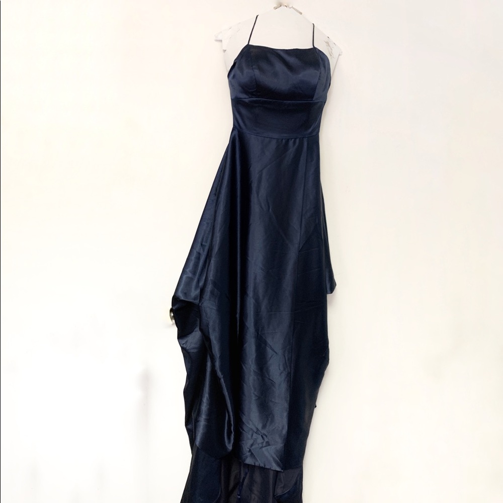 Dark Blue Satin Hi Low Maxi Dress